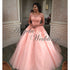 2018 Pink Lace Tulle Ball Gown Wedding Dresses with Cap Sleeve